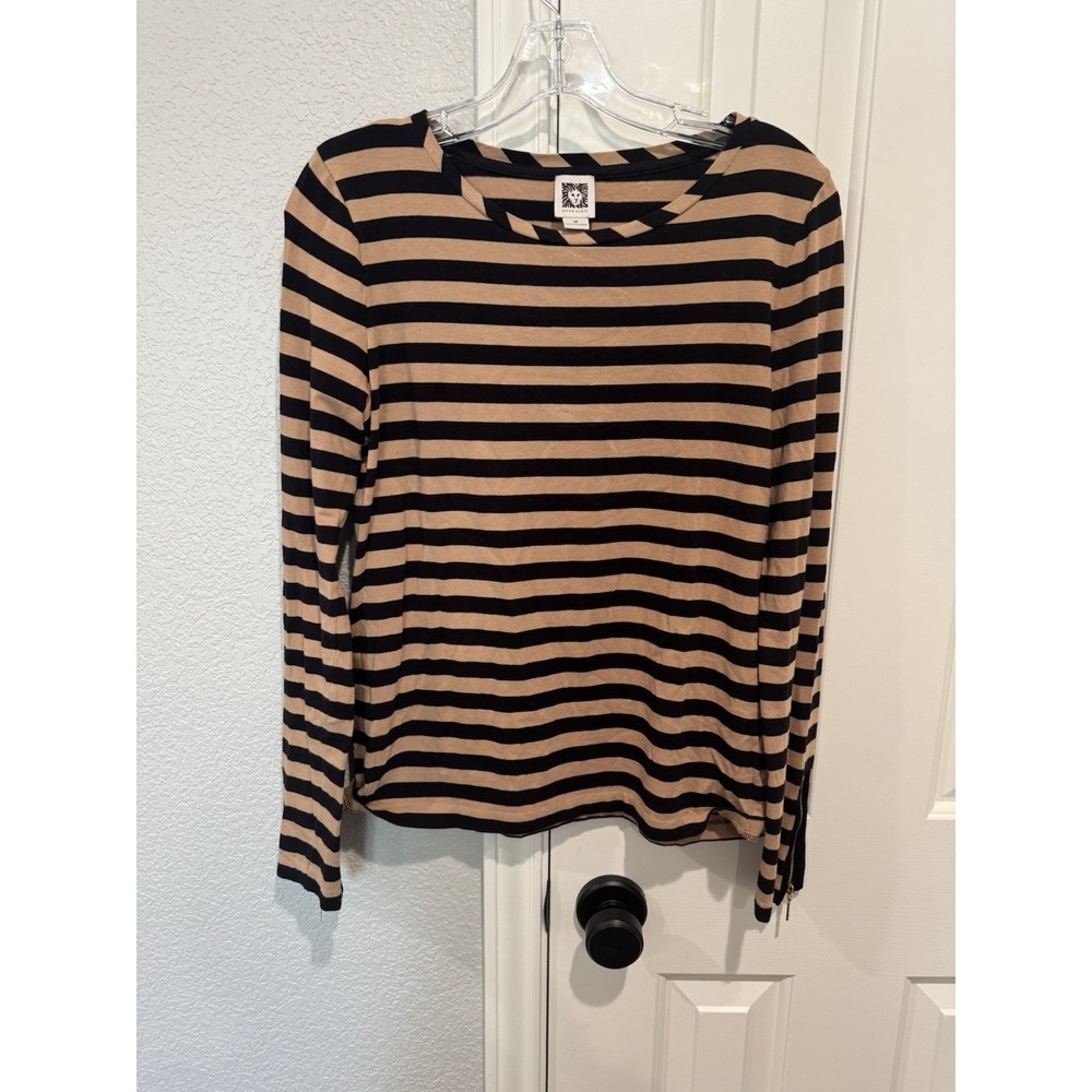 Anne Klein Stretch Top Striped Business Casual Office Wear Gold Zippers Medium